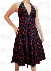 black rockabilly dress with cherry print